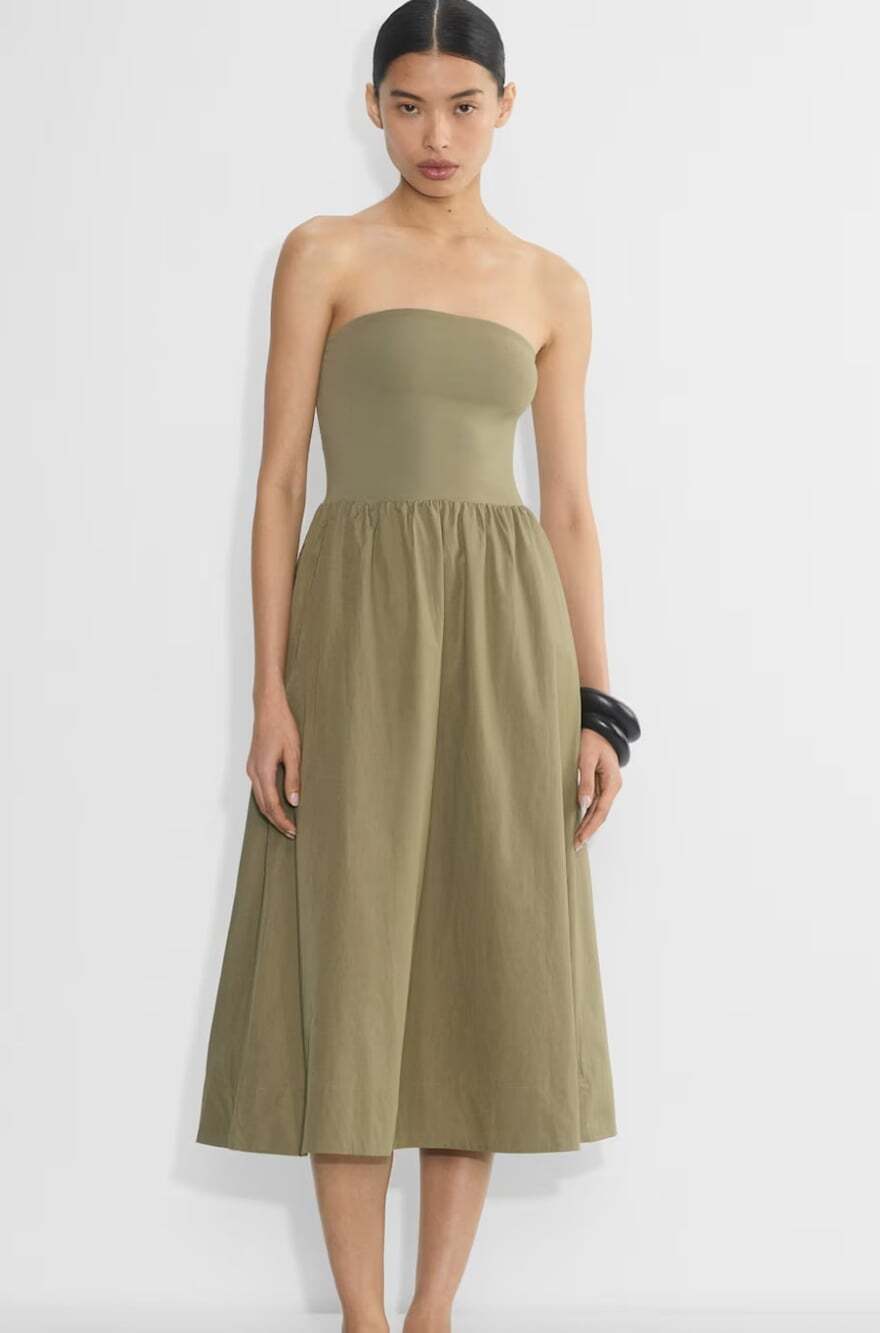 Aritzia Babaton Fluid Poplin Dress in Sundried Olive Size XL Strapless